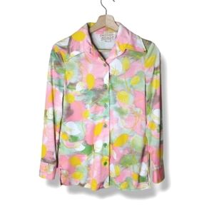 70s Vintage Blouse Psychedelic Floral Dagger Collar Groovy Retro Pastel Top
